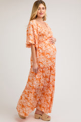 Orange Floral Smocked V-Neck Ruffle Tiered Maternity Maxi Dress