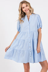 Blue Striped Button Down Tiered Dress