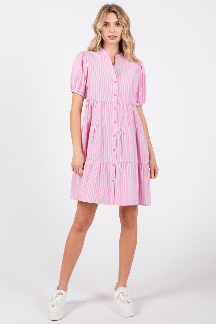 Pink Striped Button Down Tiered Dress