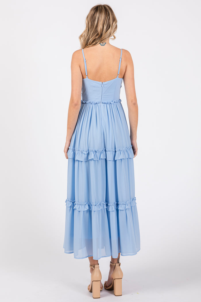 Light Blue Sleeveless Pleated Ruffle Tiered Midi Dress