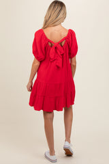 Red Ribbon Back Detail Puff Sleeve Maternity Mini Dress