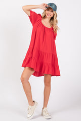 Red Ribbon Back Detail Puff Sleeve Mini Dress