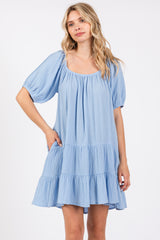 Light Blue Ribbon Back Detail Puff Sleeve Maternity Mini Dress