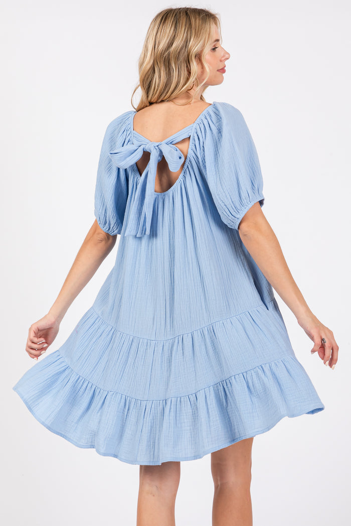 Light Blue Ribbon Back Detail Puff Sleeve Mini Dress