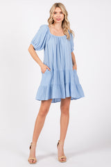 Light Blue Ribbon Back Detail Puff Sleeve Mini Dress