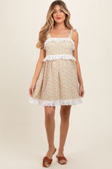 Cream Floral Square Neck Shoulder Tie Lace Trim Maternity Dress