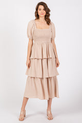 Beige Smocked Square Neck Short Puff Sleeve Ruffle Tiered Maternity Midi Dress