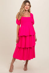 Fuchsia Smocked Body Ruffled Tiered Maternity Dress