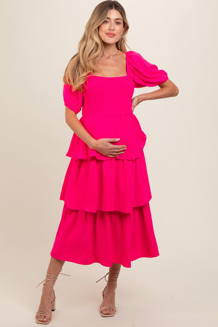 Fuchsia Smocked Body Ruffled Tiered Maternity Dress