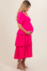 Fuchsia Smocked Body Ruffled Tiered Maternity Dress