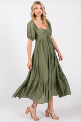 Olive Ruched Sweetheart Neck Tiered Midi Dress