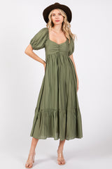 Olive Ruched Sweetheart Neck Tiered Midi Dress