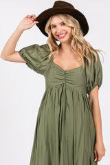 Olive Ruched Sweetheart Neck Tiered Midi Dress