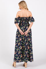 Navy Blue Floral Off Shoulder Dress