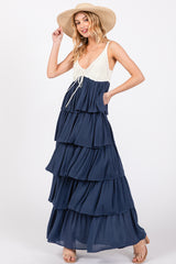 Navy Colorblock Crochet Tiered Maxi Dress