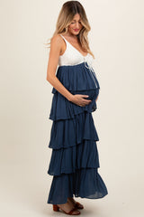 Navy Colorblock Crochet Tiered Maternity Maxi Dress