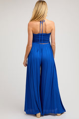 Royal Blue Smocked Drawstring Halter Side Cutout Maternity Jumpsuit