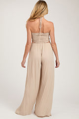 Cream Smocked Drawstring Halter Side Cutout Maternity Jumpsuit