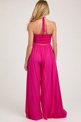 Fuchsia Smocked Drawstring Halter Side Cutout Maternity Jumpsuit