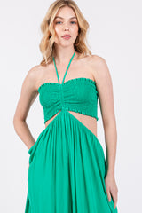 Green Smocked Drawstring Halter Side Cutout Jumpsuit