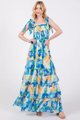 Blue Floral Smocked Shoulder Strap Maxi Dress