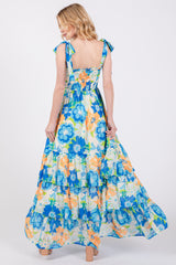 Blue Floral Smocked Shoulder Strap Maxi Dress