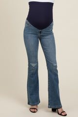 Blue Distressed Knee Flare Leg Maternity Jeans