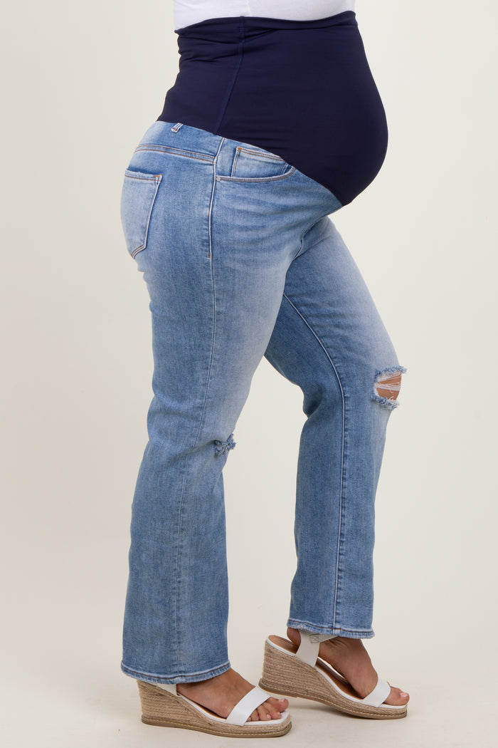 Blue Open Knee Distressed Straight Leg Maternity Plus Jeans