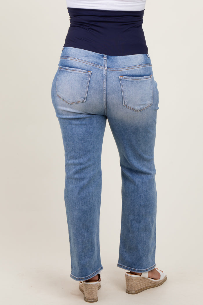 Blue Open Knee Distressed Straight Leg Maternity Plus Jeans