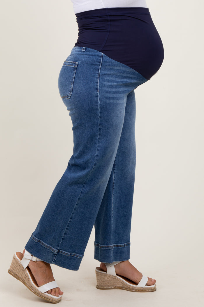 Blue Cuffed Wide Leg Maternity Plus Jeans