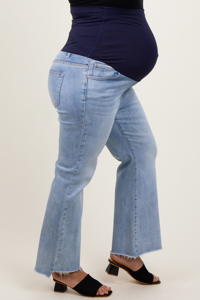 Light Blue Fringe Hem Maternity Plus Crop Flare Jeans