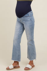 Light Blue Fringe Hem Maternity Crop Flare Jeans