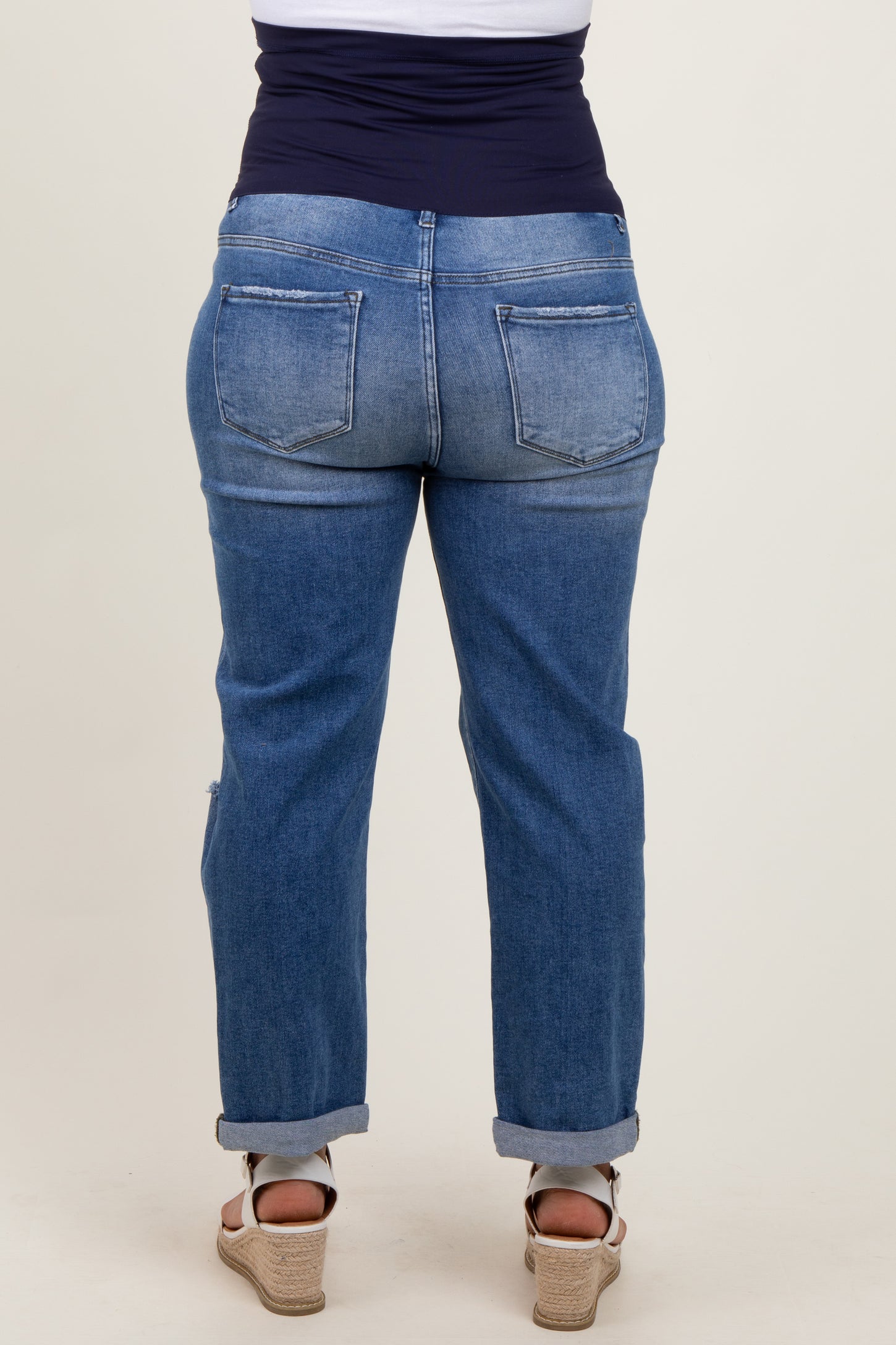 Navy Rolled Hem Distressed Straight Leg Maternity Plus Jeans