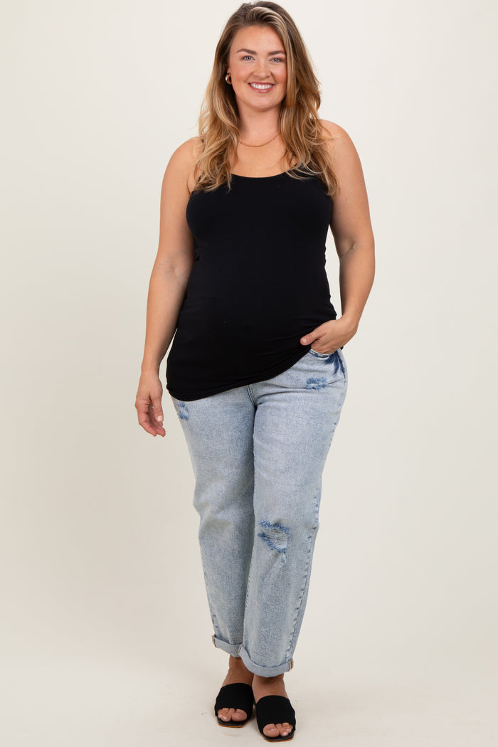Light Blue Rolled Cuff Distressed Straight Leg Maternity Plus Jeans