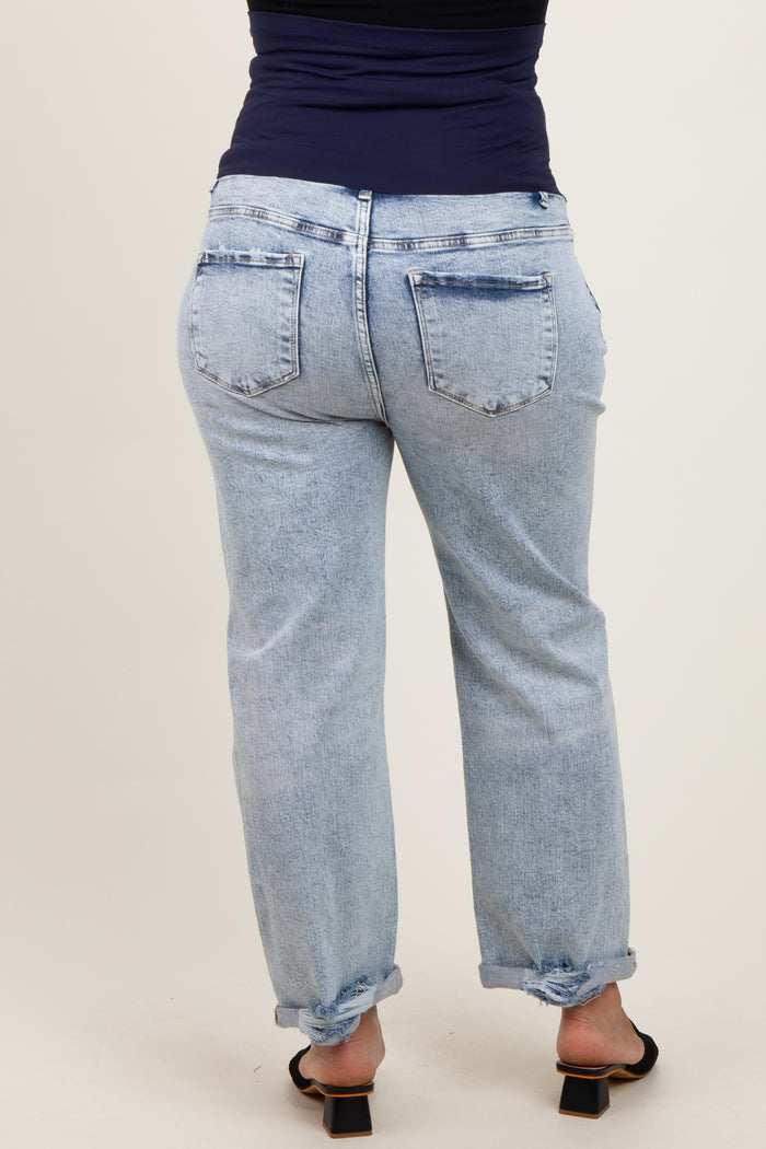 Light Blue Rolled Cuff Distressed Straight Leg Maternity Plus Jeans