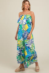 Multi-Color Palm Strapless Ruffle Wide Leg Maternity Jumpsuit