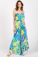 Multi-Color Palm Strapless Ruffle Wide Leg Jumpsuit