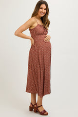 Rust Ditsy Floral Side Slit Maternity Midi Dress