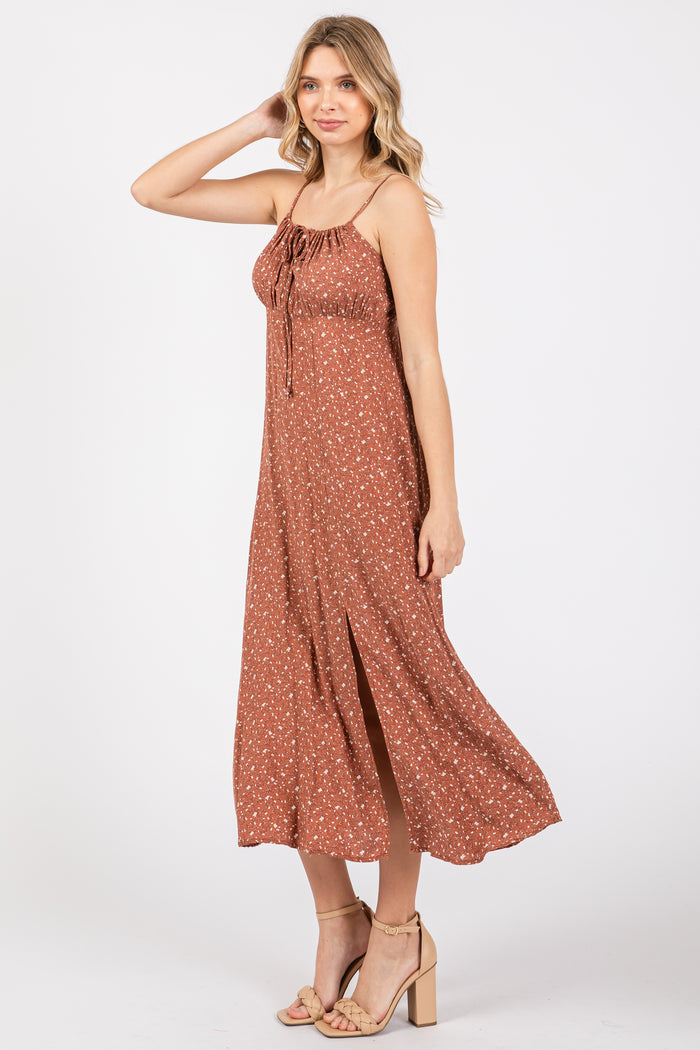 Rust Ditsy Floral Side Slit Midi Dress