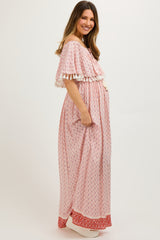 Peach Tile Off Shoulder Tassel Edge Maternity Maxi Dress