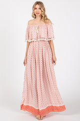 Peach Tile Off Shoulder Tassel Edge Maternity Maxi Dress