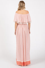 Peach Tile Off Shoulder Tassel Edge Maxi Dress