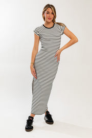 White Black Striped Side Slit Fitted Maxi Dress