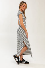 White Black Striped Side Slit Fitted Maxi Dress