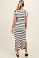 White Black Striped Side Slit Fitted Maternity Maxi Dress