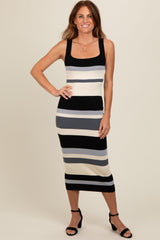 Black Striped Sweater Square Neck Maternity Midi Dress