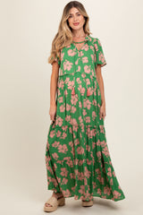 Green Floral Ruffle Neck Tiered Maternity Maxi Dress