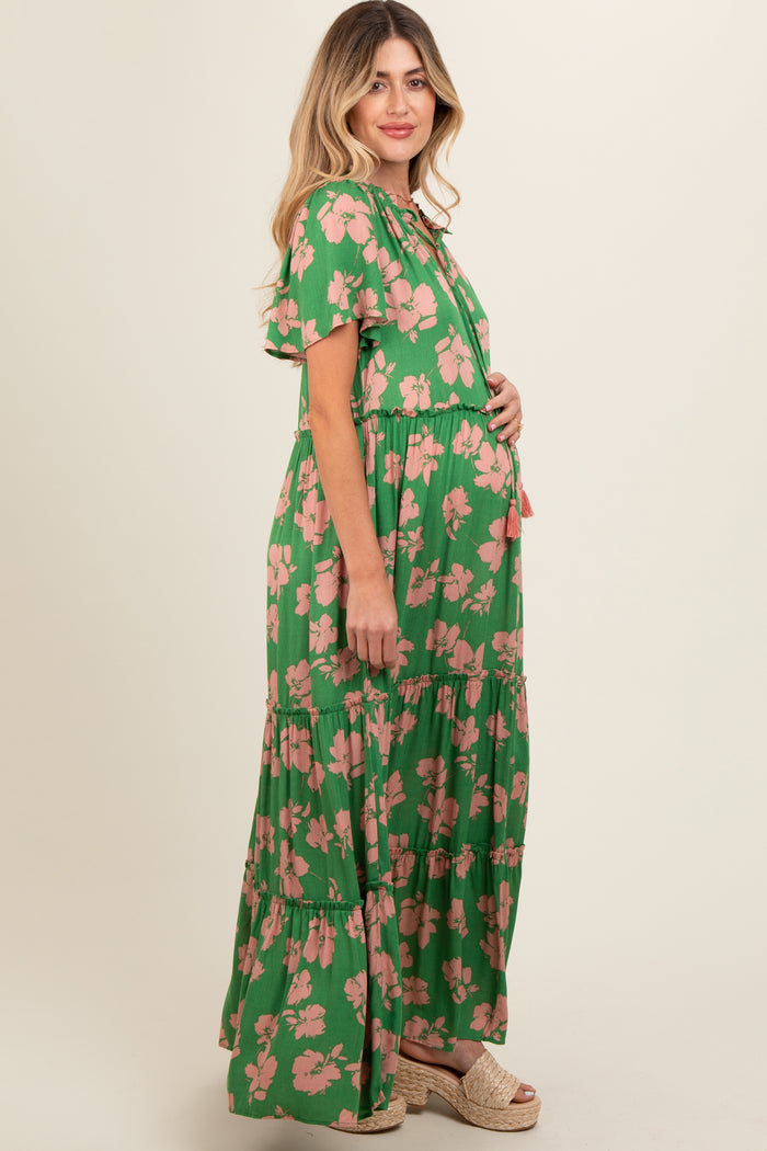 Green Floral Ruffle Neck Tiered Maternity Maxi Dress