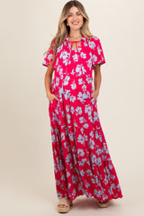 Coral Floral Ruffle Neck Tiered Maternity Maxi Dress