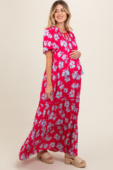 Coral Floral Ruffle Neck Tiered Maternity Maxi Dress